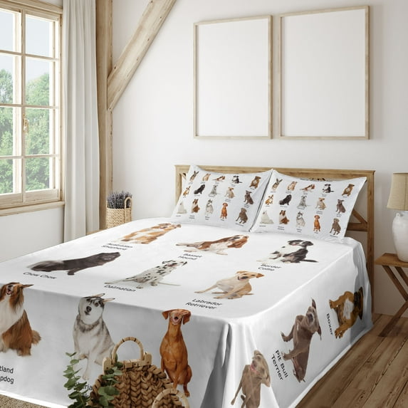 Ambesonne Colorful Fitted & Top Sheet Set with Shams, Puppy Breeds Family, Multicolor