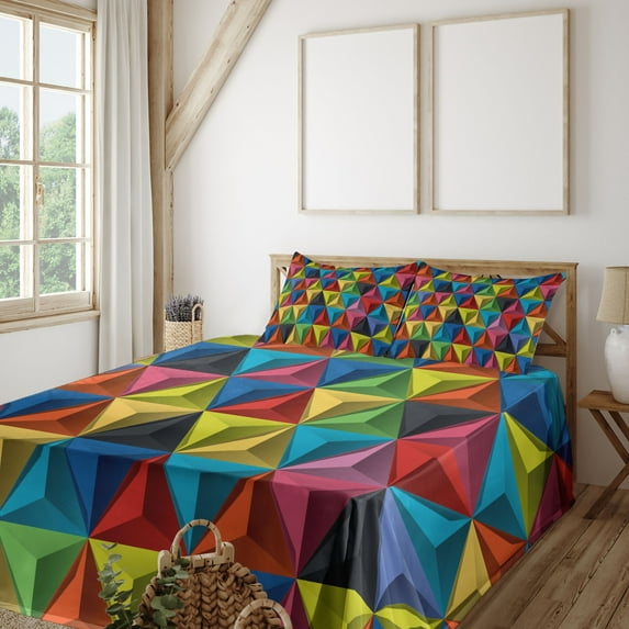 Ambesonne Colorful Fitted & Top Sheet Set with Shams, Pyramid Forms Modern, Multicolor