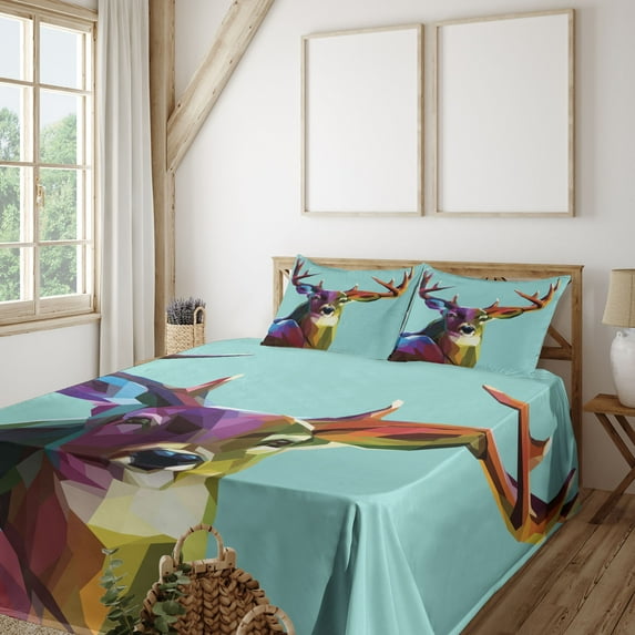 Ambesonne Colorful Fitted & Top Sheet Set with Shams, Retro Low Poly Deer, Multicolor