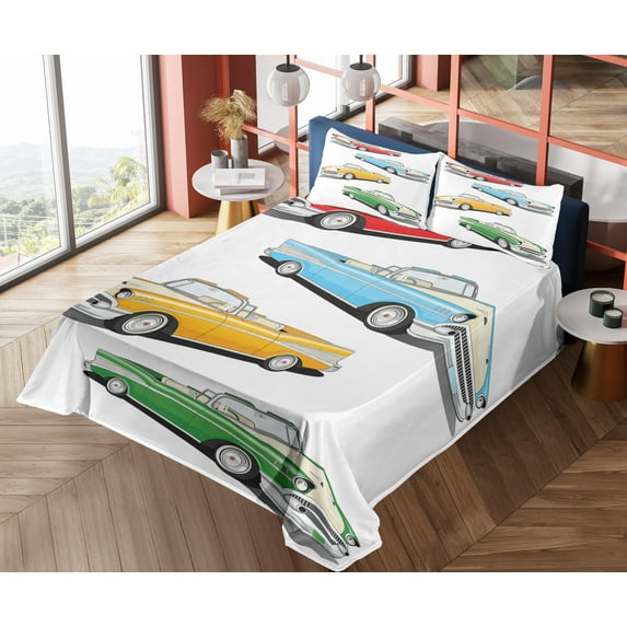 Ambesonne Colorful Fitted & Top Sheet Set with Shams, Roadsters Old Vintage, Multicolor