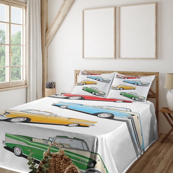 Ambesonne Colorful Fitted & Top Sheet Set with Shams, Roadsters Old Vintage, Multicolor