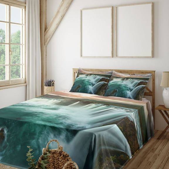Ambesonne Colorful Fitted & Top Sheet Set with Shams, Wild Nature Waterfall, Multicolor