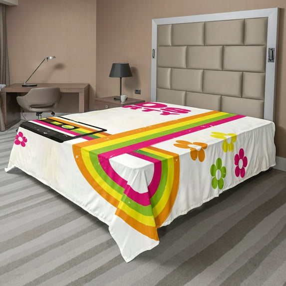 Ambesonne Colorful Flat Sheet, 70s Party Casette Tape, Full Size, Multicolor