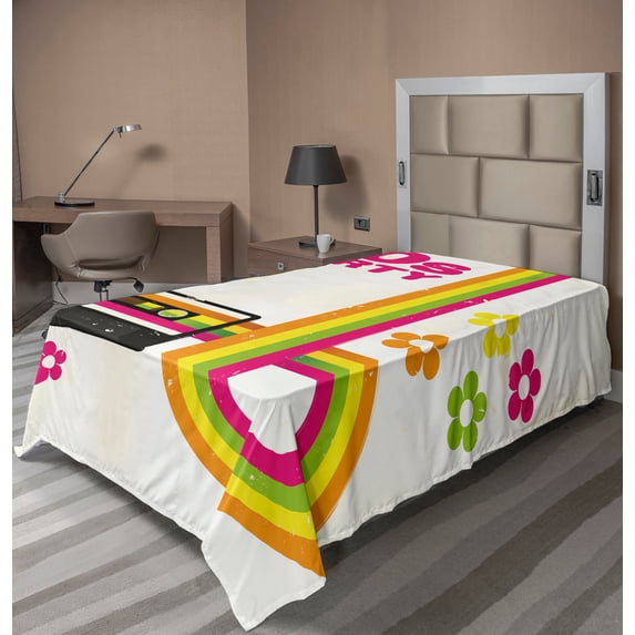 Ambesonne Colorful Flat Sheet, 70s Party Casette Tape, TwinXL Size, Multicolor