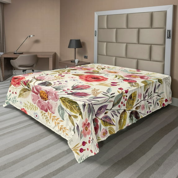 Ambesonne Colorful Flat Sheet, Abstract Flowers Roses, California King, Multicolor