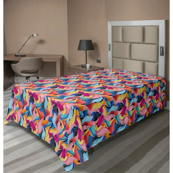 Ambesonne Colorful Flat Sheet, Abstract Unusual Waves, TwinXL Size, Multicolor