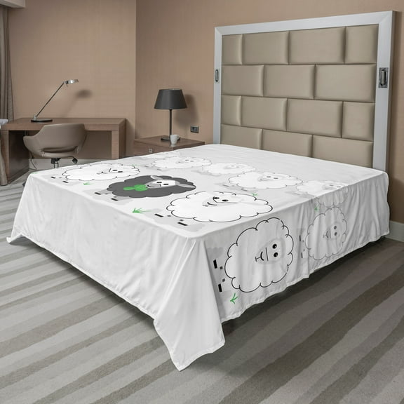 Ambesonne Colorful Flat Sheet, Aligned Flock of Sheep, King Size, Fern Green Grey