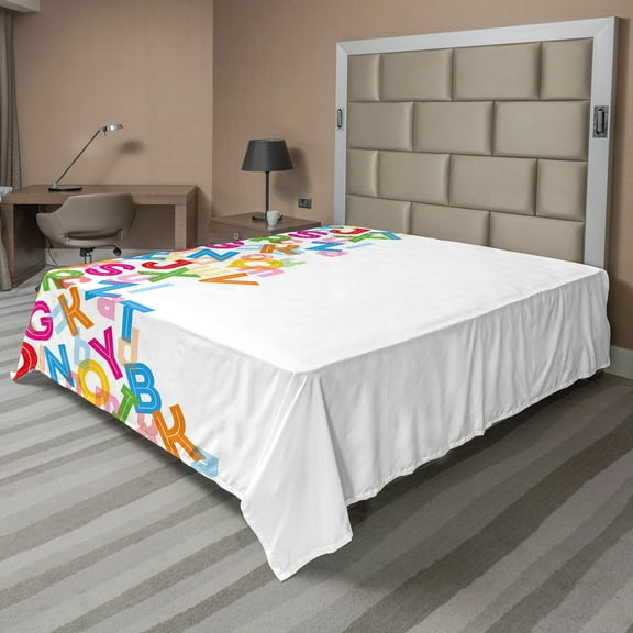 Ambesonne Colorful Flat Sheet, Alphabet Lettering, King Size, Yellow Fuchsia and Sky Blue
