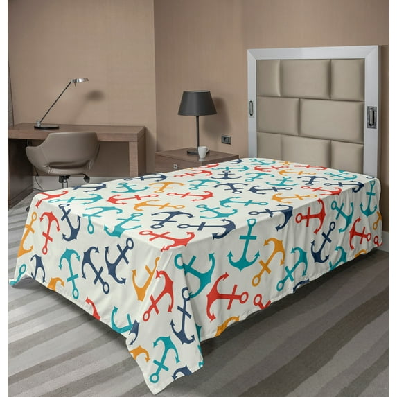 Ambesonne Colorful Flat Sheet, Anchor Shape in Lines, Twin Size, Beige Multicolor