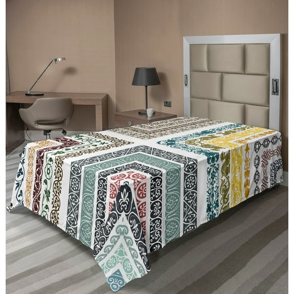 Ambesonne Colorful Flat Sheet, Antique Swirls, TwinXL Size, Multicolor