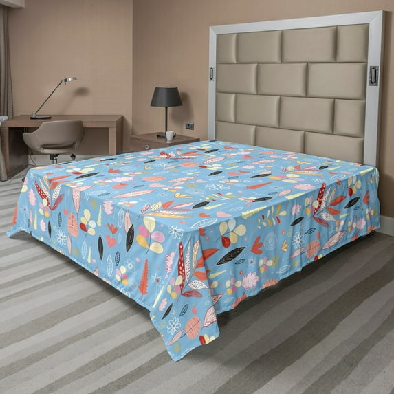 Ambesonne Colorful Flat Sheet, Autumn Leaves Garden, King Size, Multicolor