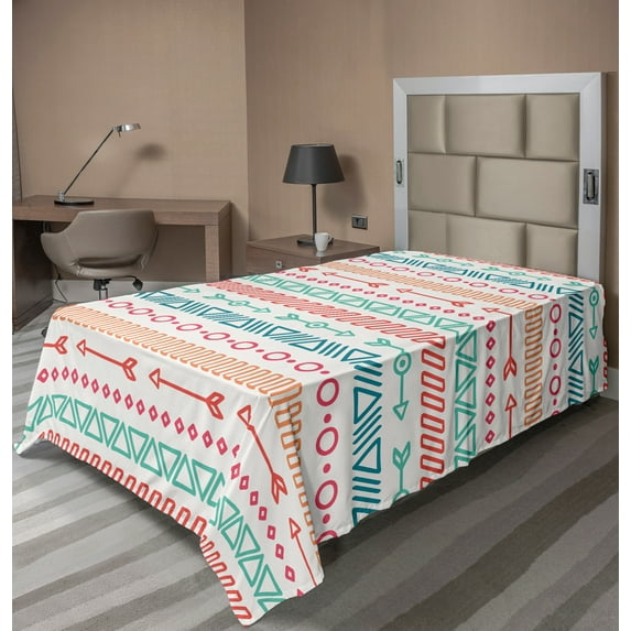 Ambesonne Colorful Flat Sheet, Aztec Tribe Maya Arrow, TwinXL Size, Multicolor