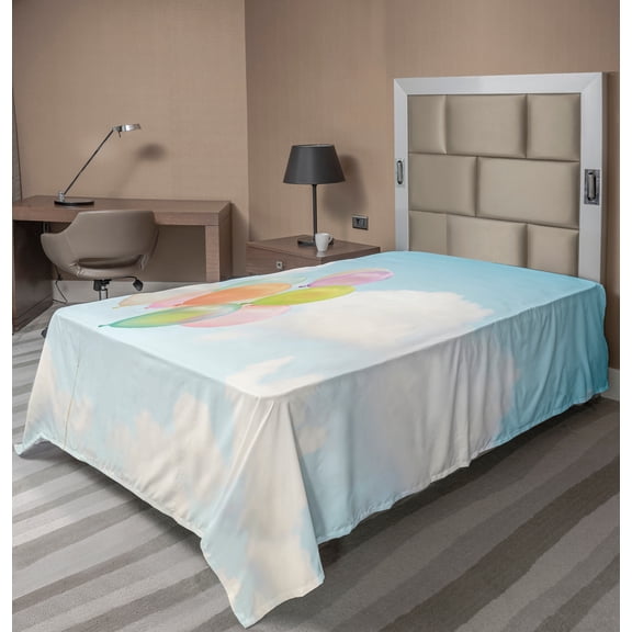 Ambesonne Colorful Flat Sheet, Balloons Flying up in Sky, TwinXL Size, Multicolor