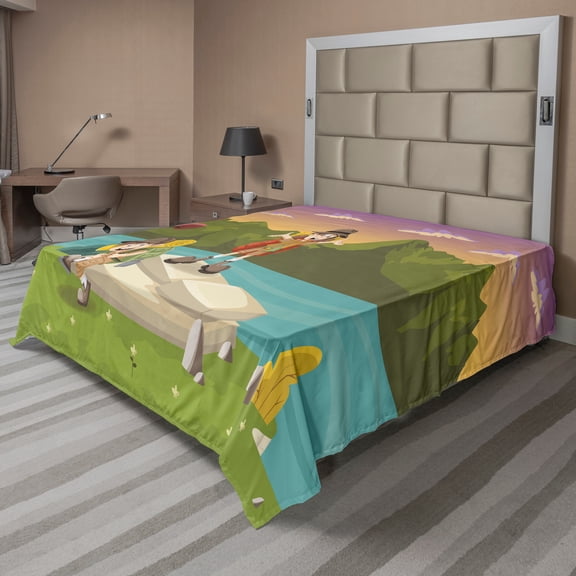 Ambesonne Colorful Flat Sheet, Best Friends Go Camping, King Size, Multicolor