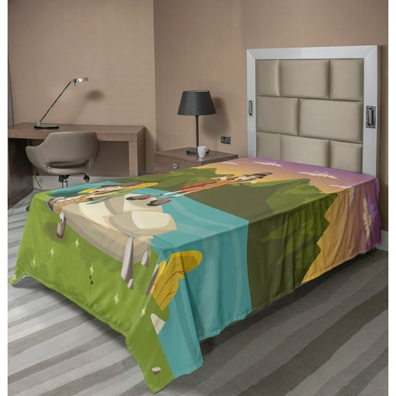 Ambesonne Colorful Flat Sheet, Best Friends Go Camping, TwinXL Size, Multicolor