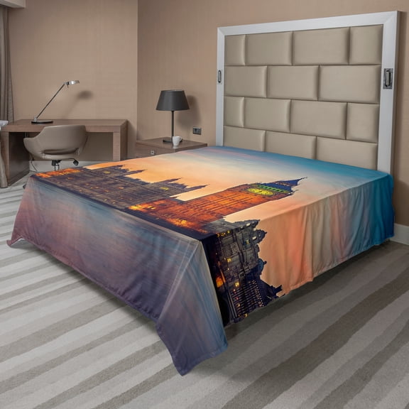 Ambesonne Colorful Flat Sheet, Big Ben and Parliament, Full Size, Multicolor