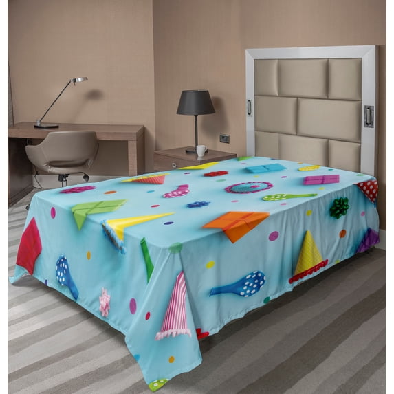 Ambesonne Colorful Flat Sheet, Birthday Party Themed Art, TwinXL Size, Pale Blue and Multicolor