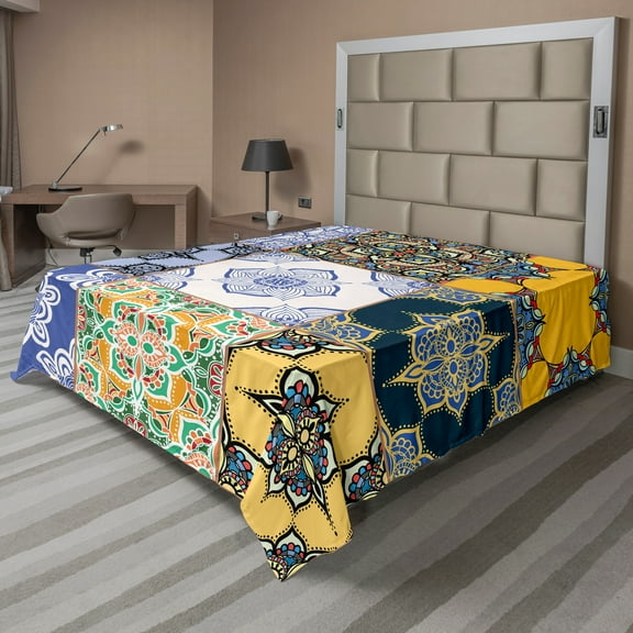 Ambesonne Colorful Flat Sheet, Boho Portugese Tiles, Queen Size, Multicolor