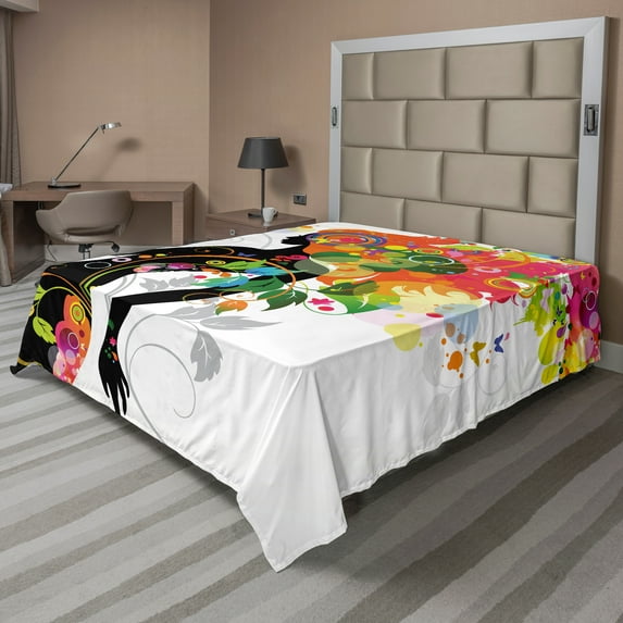 Ambesonne Colorful Flat Sheet, Butterfly Leaf Spring Art, King Size, Multicolor
