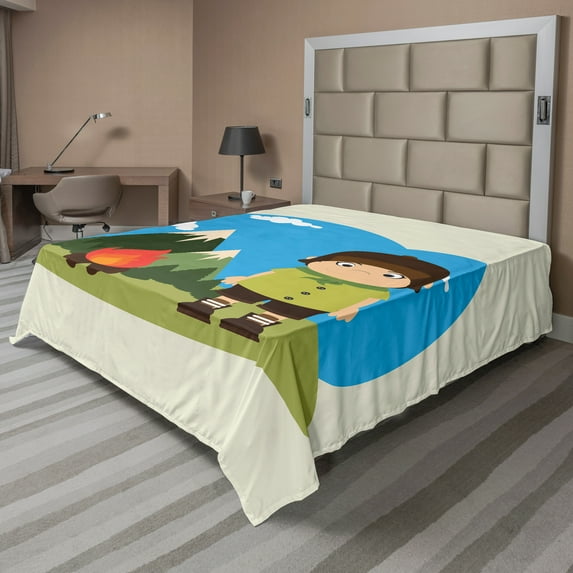 Ambesonne Colorful Flat Sheet, Campfire on Mountains, King Size, Multicolor