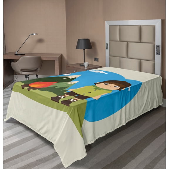 Ambesonne Colorful Flat Sheet, Campfire on Mountains, Twin Size, Multicolor
