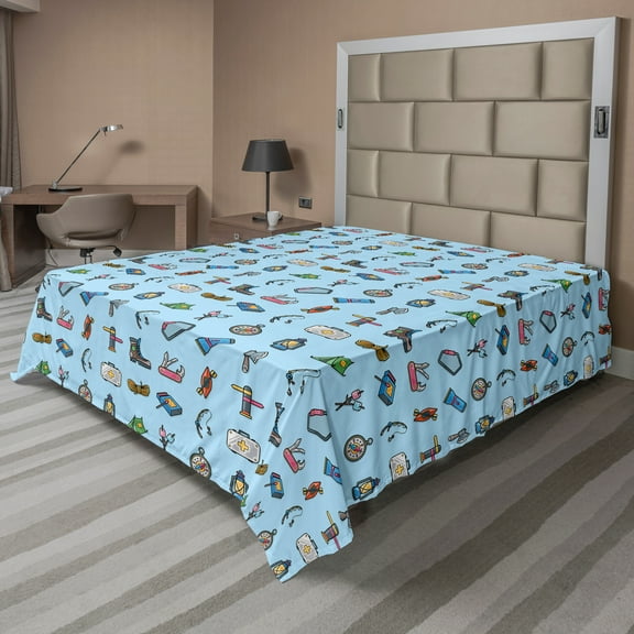 Ambesonne Colorful Flat Sheet, Camping Equipment Hiking, California King, Multicolor