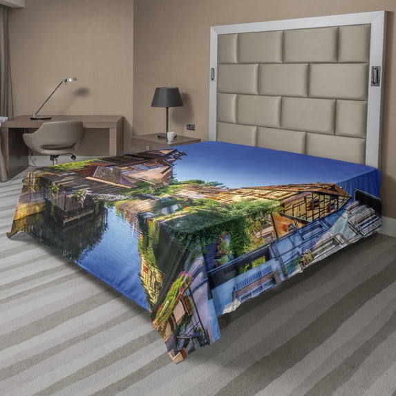 Ambesonne Colorful Flat Sheet, Canal and Houses at Colmar, Queen Size, Cobalt Blue Multicolor
