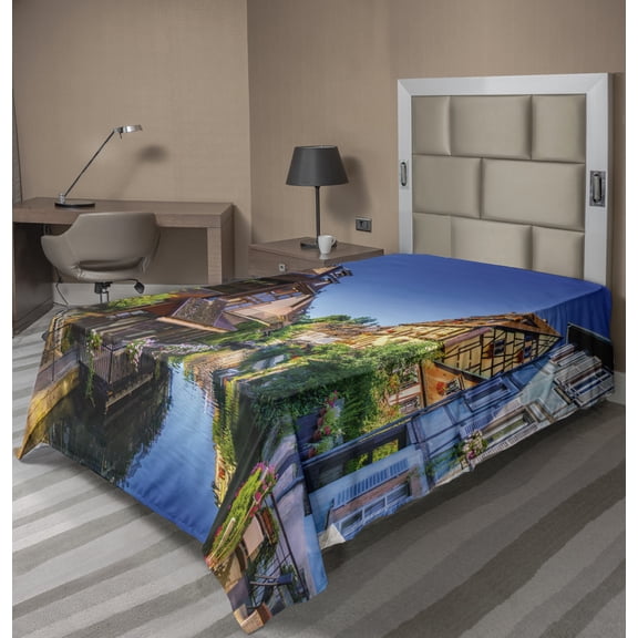 Ambesonne Colorful Flat Sheet, Canal and Houses at Colmar, Twin Size, Cobalt Blue Multicolor