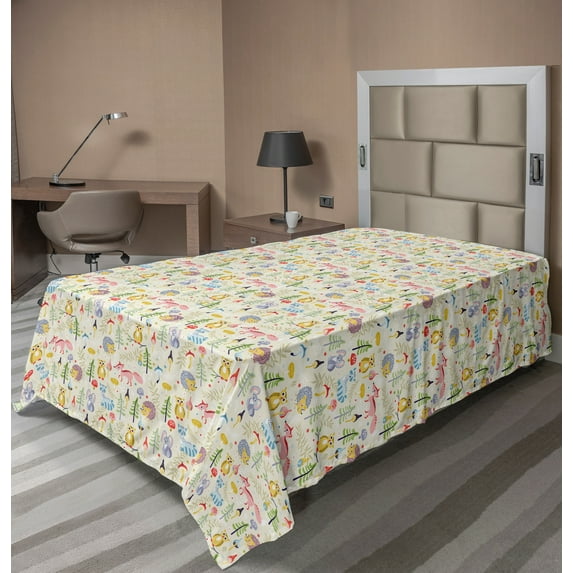 Ambesonne Colorful Flat Sheet, Cartoon Animals Tree, Twin Size, Multicolor