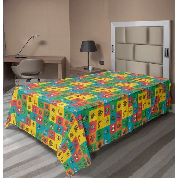 Ambesonne Colorful Flat Sheet, Cartoon Bugs in Square, TwinXL Size, Multicolor