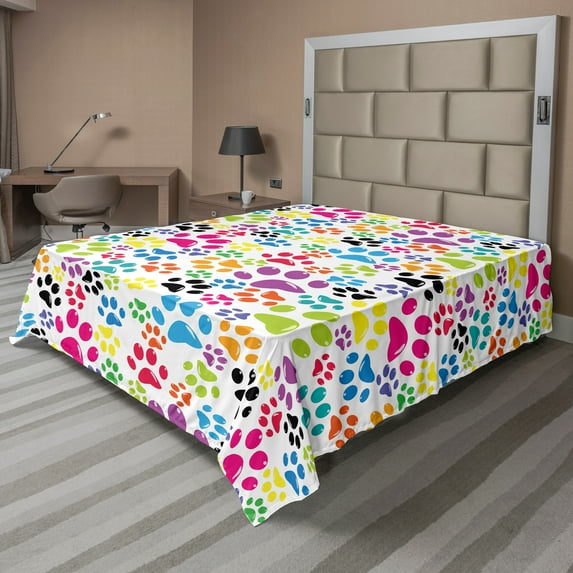 Ambesonne Colorful Flat Sheet, Cartoon Dog Paw Traces, Full Size, Purple Blue Green