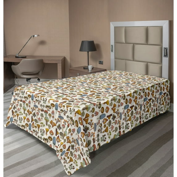 Ambesonne Colorful Flat Sheet, Cartoon Mushroom Pattern, TwinXL Size, Multicolor