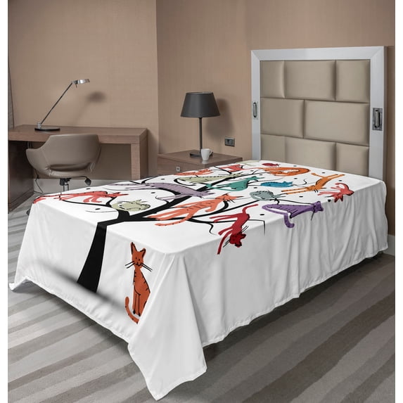 Ambesonne Colorful Flat Sheet, Cat Tree with Kittens, TwinXL Size, Multicolor