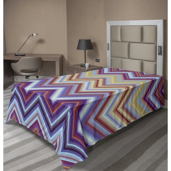Ambesonne Colorful Flat Sheet, Chevron Small Strikes, TwinXL Size, Purple Khaki Blue