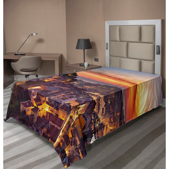 Ambesonne Colorful Flat Sheet, Cityscape of Lisbon, Twin Size, Brown