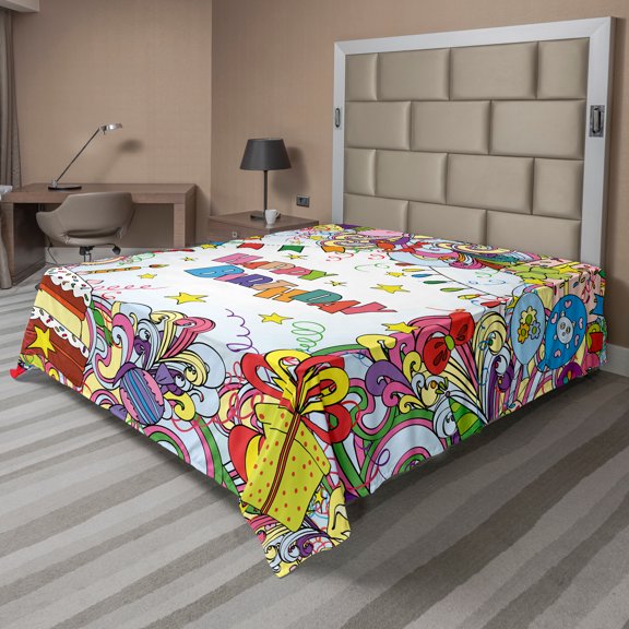 Ambesonne Colorful Flat Sheet, Colorful Cartoon Party, Full Size, Multicolor