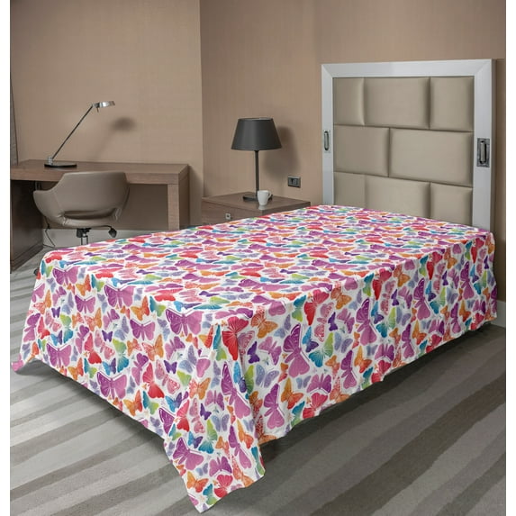 Ambesonne Colorful Flat Sheet, Colorful Spring Animal Art, TwinXL Size, White and Multicolor