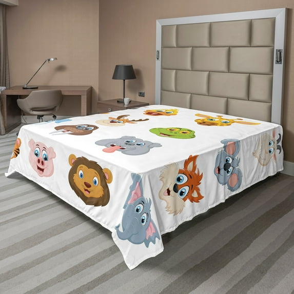 Ambesonne Colorful Flat Sheet, Comic Koala Fox Faces, King Size, Multi