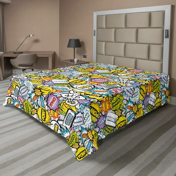 Ambesonne Colorful Flat Sheet, Comics Expression Words, Full Size, Multicolor