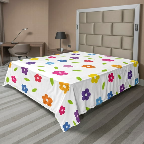 Ambesonne Colorful Flat Sheet, Daisies Leaves Meadow, California King, Multicolor