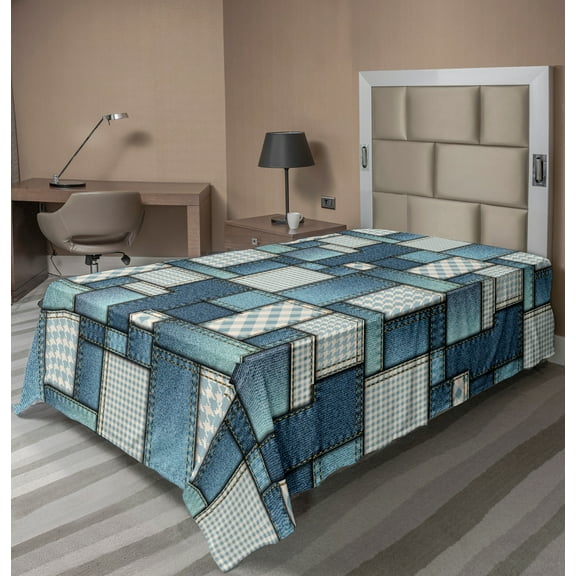 Ambesonne Colorful Flat Sheet, Denim Sewings, TwinXL Size, Pale Blue Blue