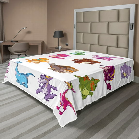 Ambesonne Colorful Flat Sheet, Dinosaurs Extinction, Queen Size, Multicolor