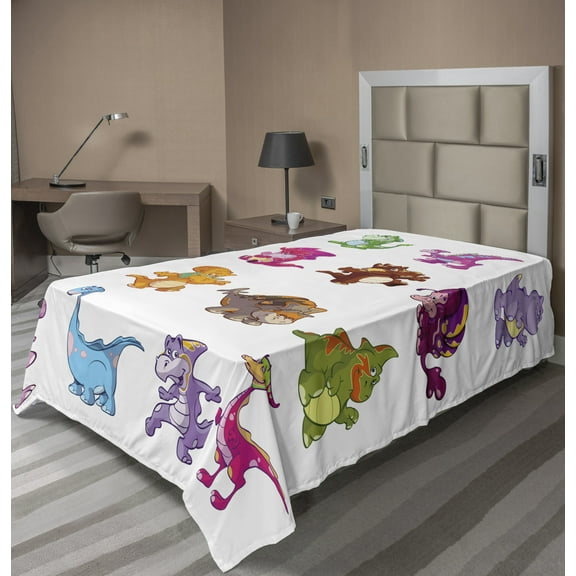 Ambesonne Colorful Flat Sheet, Dinosaurs Extinction, TwinXL Size, Multicolor