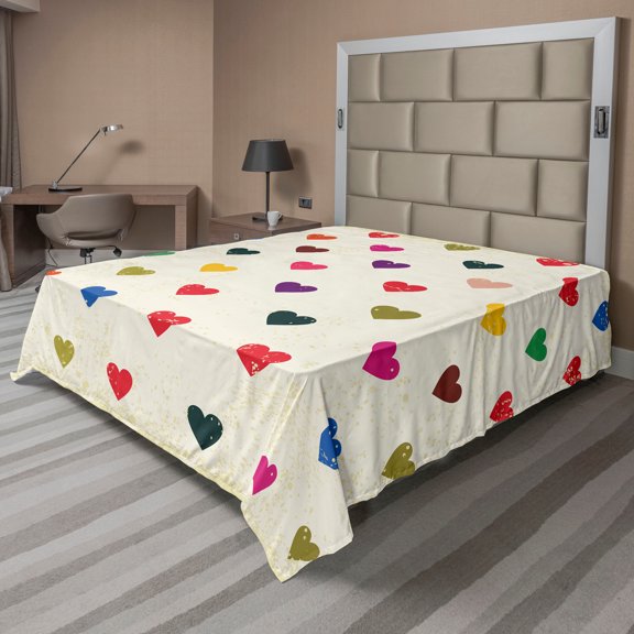 Ambesonne Colorful Flat Sheet, Distressed Hearts Love, Full Size, Multicolor