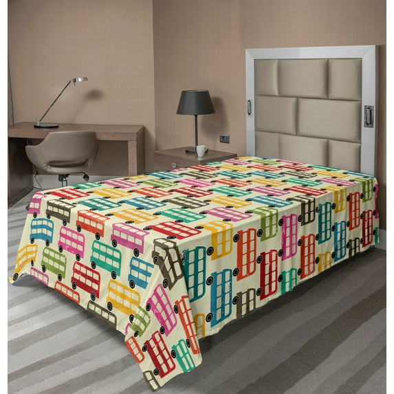 Ambesonne Colorful Flat Sheet, Double Decker Bus, TwinXL Size, Multicolor