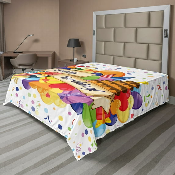 Ambesonne Colorful Flat Sheet, Drinks Cake Balloons, Full Size, Multicolor