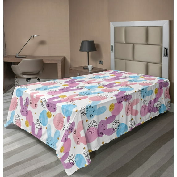 Ambesonne Colorful Flat Sheet, Easter Bunnies and Eggs, TwinXL Size, Pale Pink Pale Blue