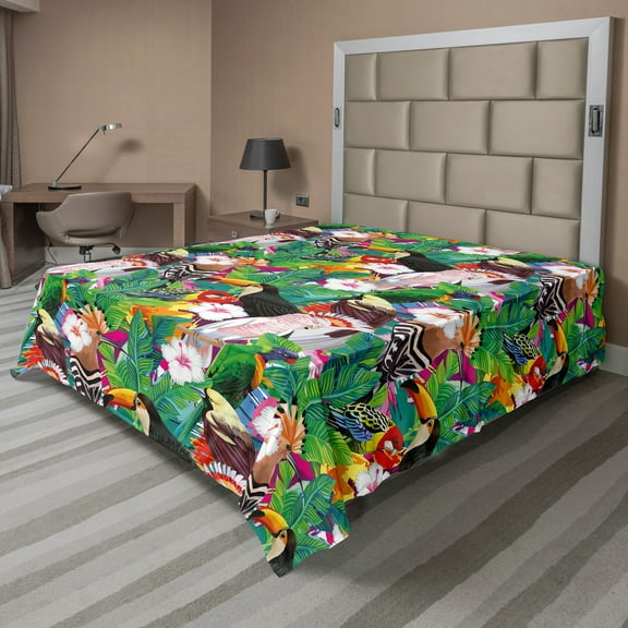 Ambesonne Colorful Flat Sheet, Exotic Animals and Flowers, Full Size, Multicolor