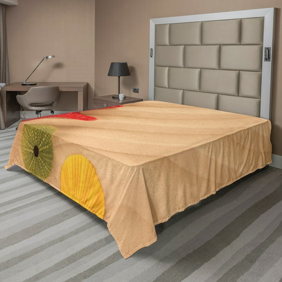 Ambesonne Colorful Flat Sheet, Exotic Caribbean Beach, King Size, Sand Brown Yellow