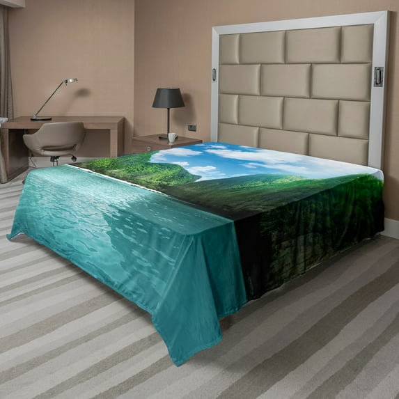 Ambesonne Colorful Flat Sheet, Exotic Coast of Maya Bay, King Size, Azure Blue and Multicolor